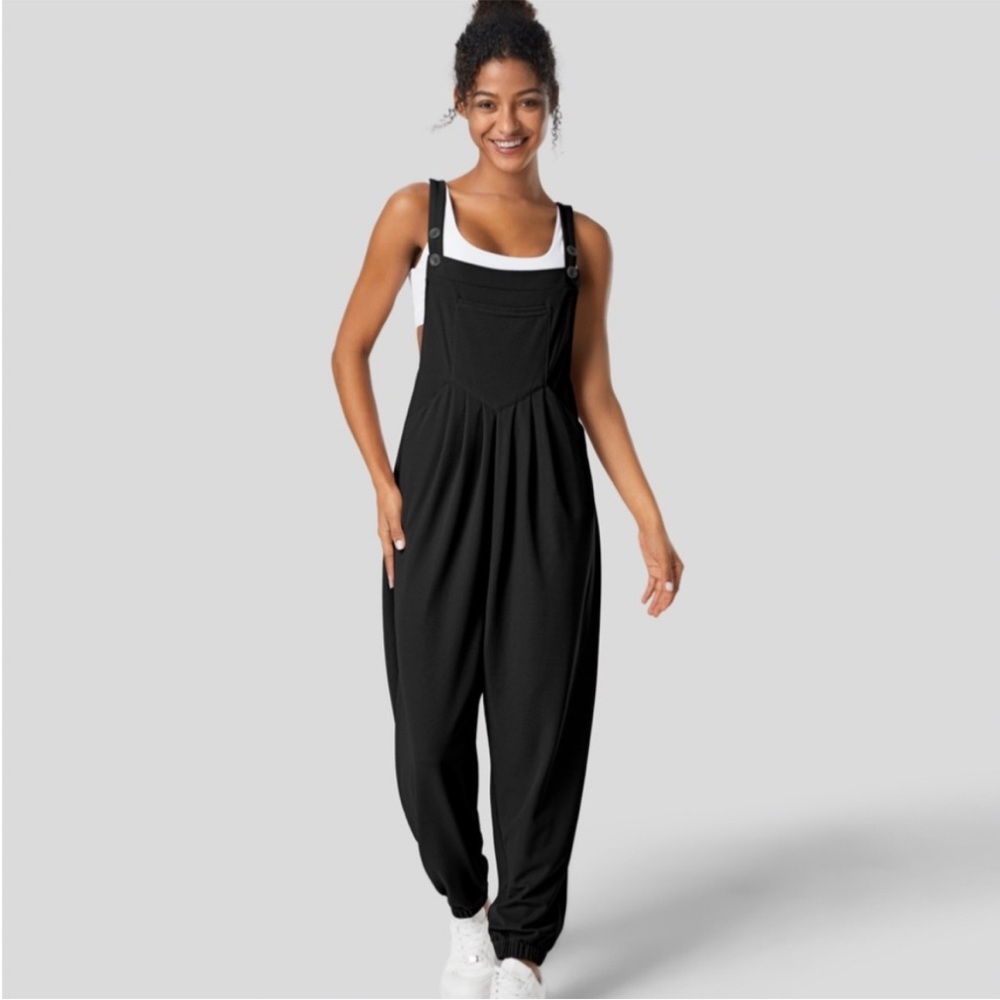 Halara Adjustable Strap Button Multiple Pockets Plicated Waffle Jogger Overalls